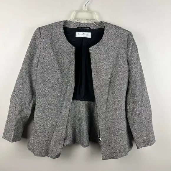 MaxMara Italy Gray Tweed Virgin Wool Silk Full Zip Collarless Peplum Blazer - Picture 4 of 6